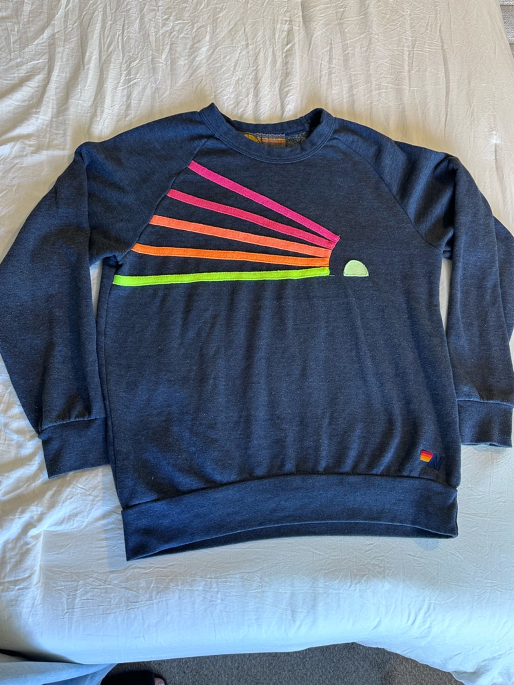 Aviator Nation Navy Crewneck with Neon Pink Orange Yellow Green Rays